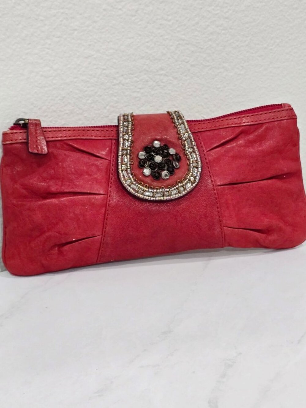 Fossil ✦ Red Leather Hand Beaded Clutch ✦ Rhinestone Accents Zip Closure 10" - Picture 2 of 10